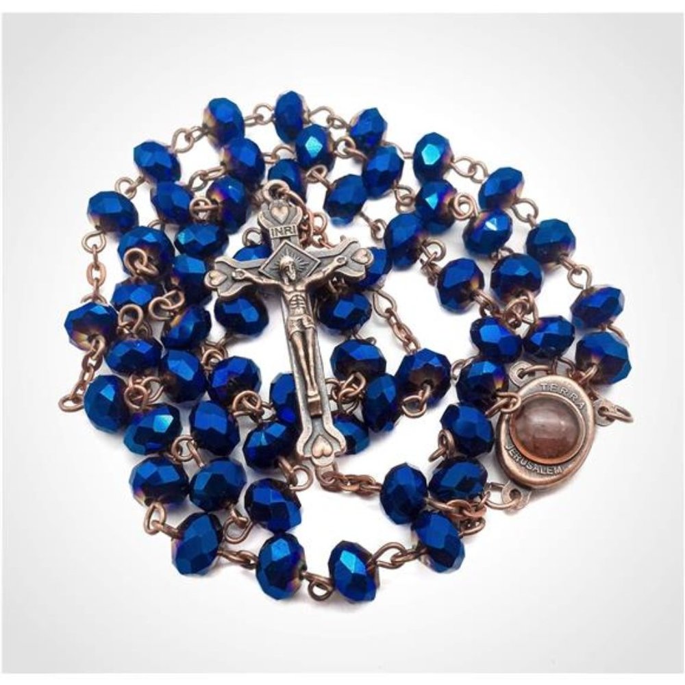 Antique Rosary Necklace, Blue Crystal Beads, Jerusalem Medal, Holy Soil Cross